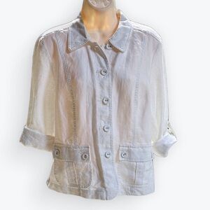 NWT White Linen Jacket Pockets Roll-Up Sleeves Flattering Back Gather ~ PS NWT